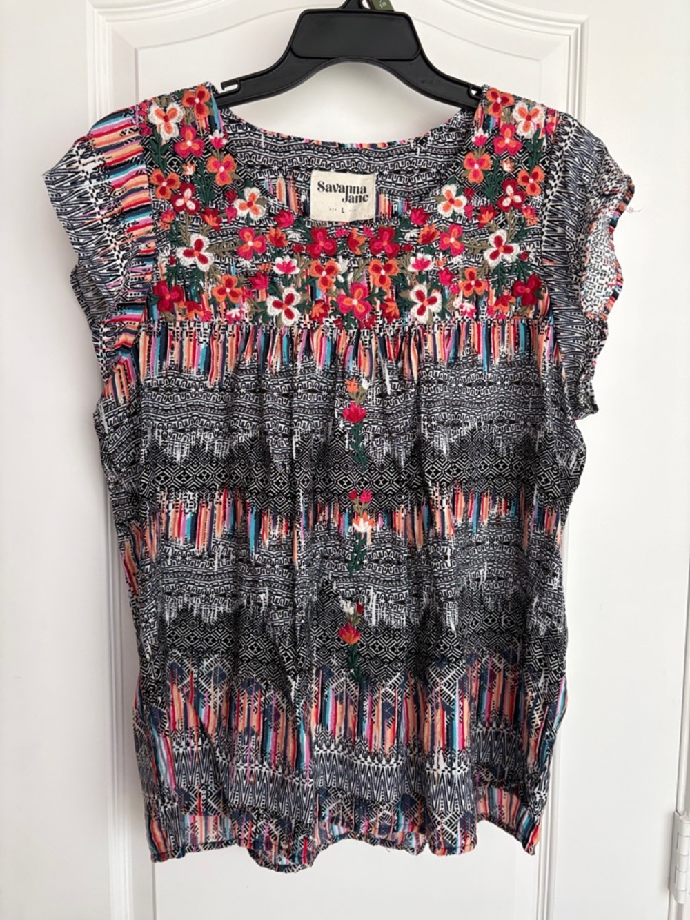 Savanna Jane Black Patterned Cap Sleeve Top with Pink & Red Floral Embroidery